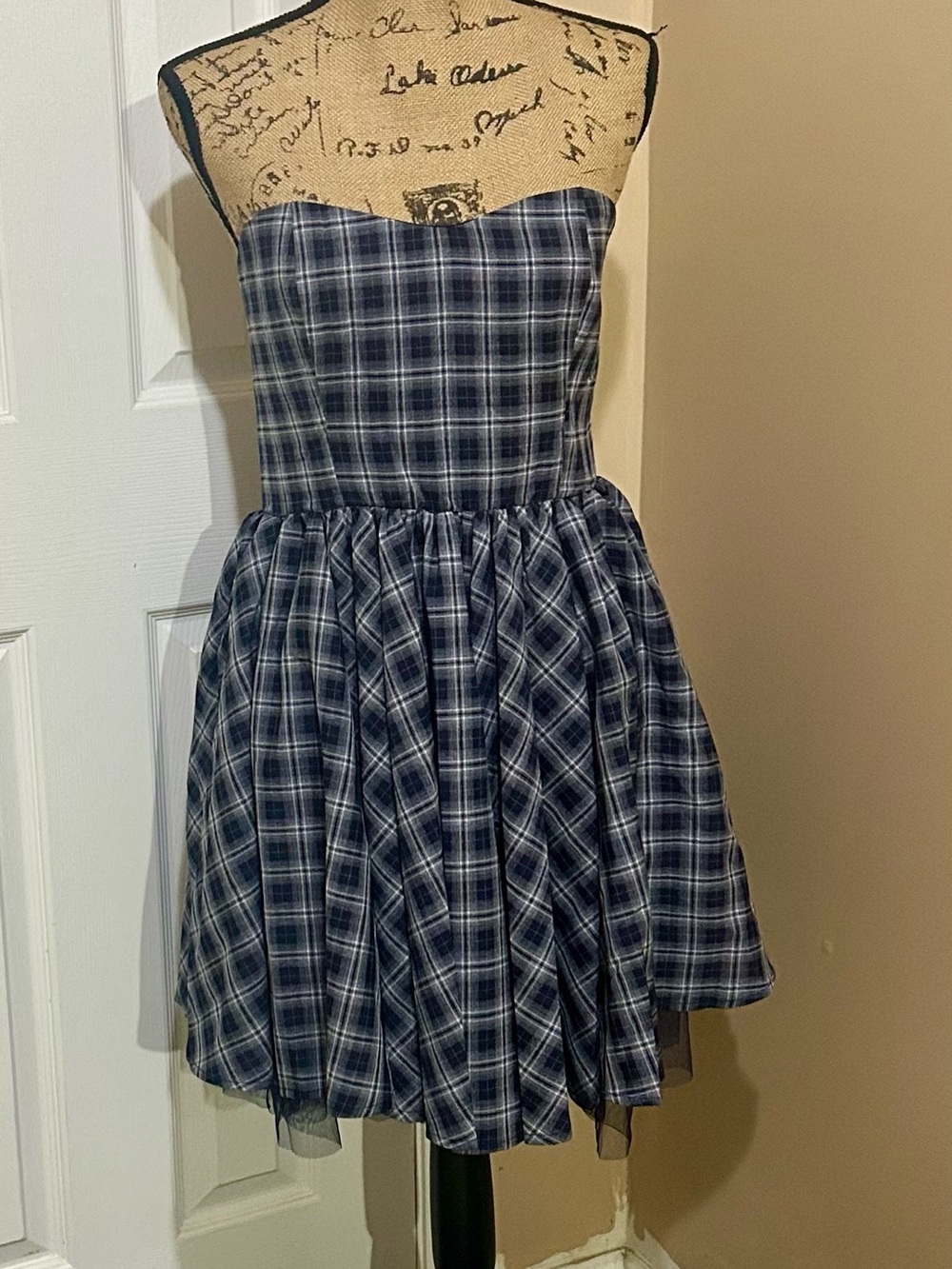 Navy Plaid Strapless Dress with Black Tulle